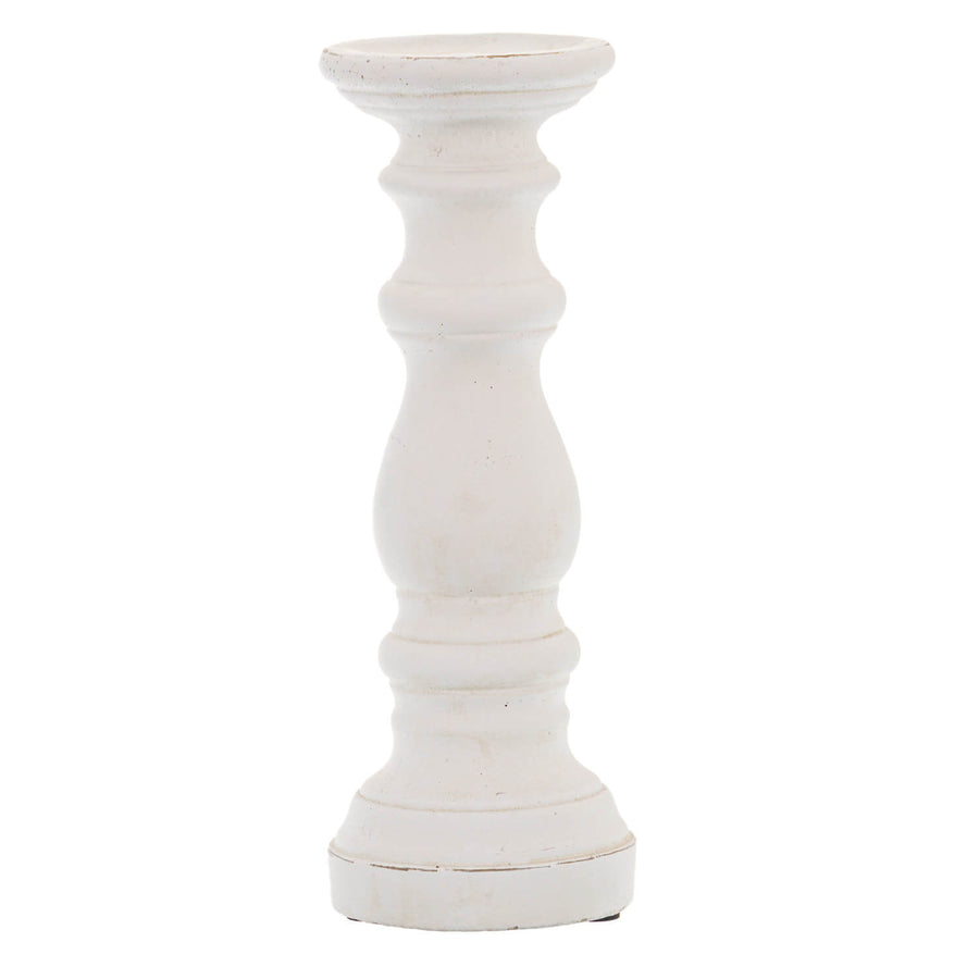 Minimalist white ceramic column candle holder with silver pinecone finial, 31cm tall, matte finish for ambient lighting by Sostter at brixbailey.com