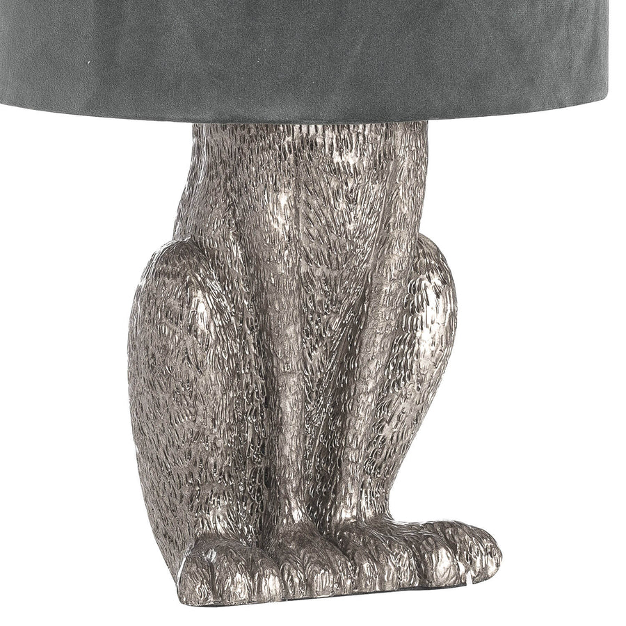 Silver Hare Table Lamp with grey velvet shade, handcrafted resin sculpture, and silver finish by Sostter at brixbailey.com