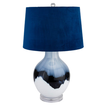 Handcrafted Ice Shadows table lamp with blue and white glaze, navy velvet shade, and ball finial - unique decorative lighting. by Sostter at brixbailey.com