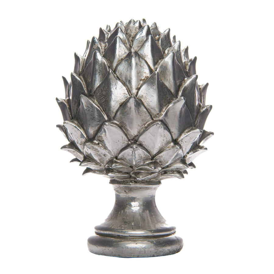Handcrafted silver ceramic pinecone finial with intricate detailing, perfect for mantels or shelves. by Sostter at brixbailey.com