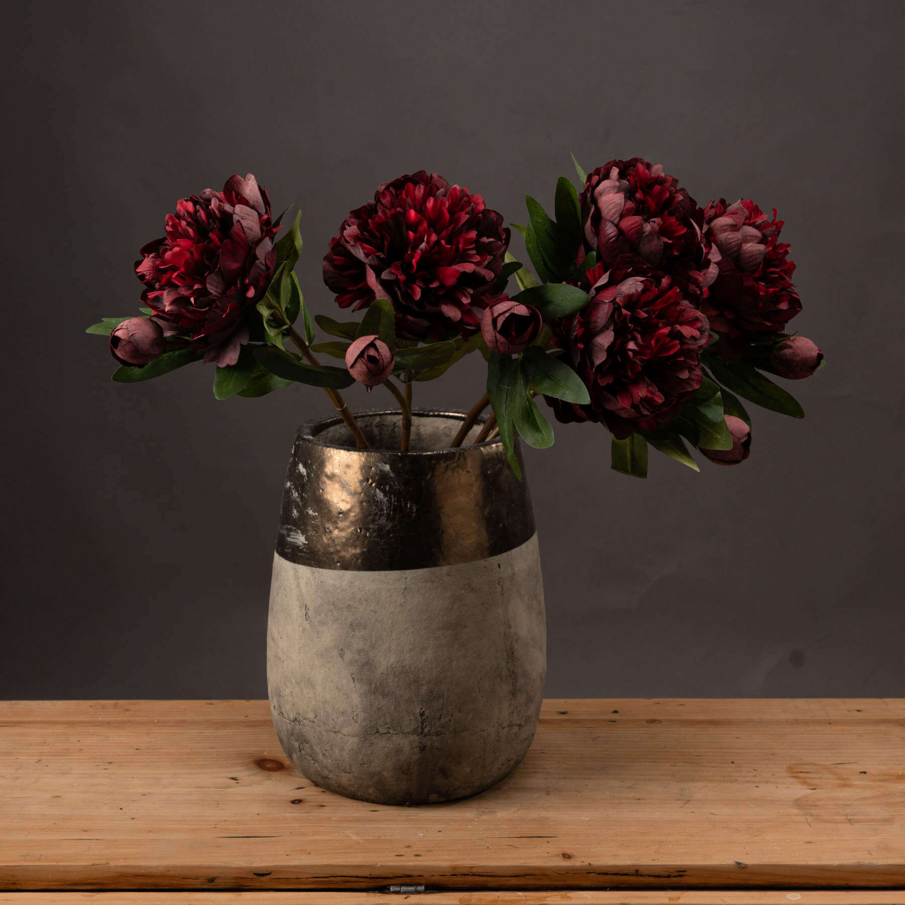 Burgundy faux peony stem with realistic petals and bud, perfect for floral arrangements or wedding decor. by Sostter at brixbailey.com