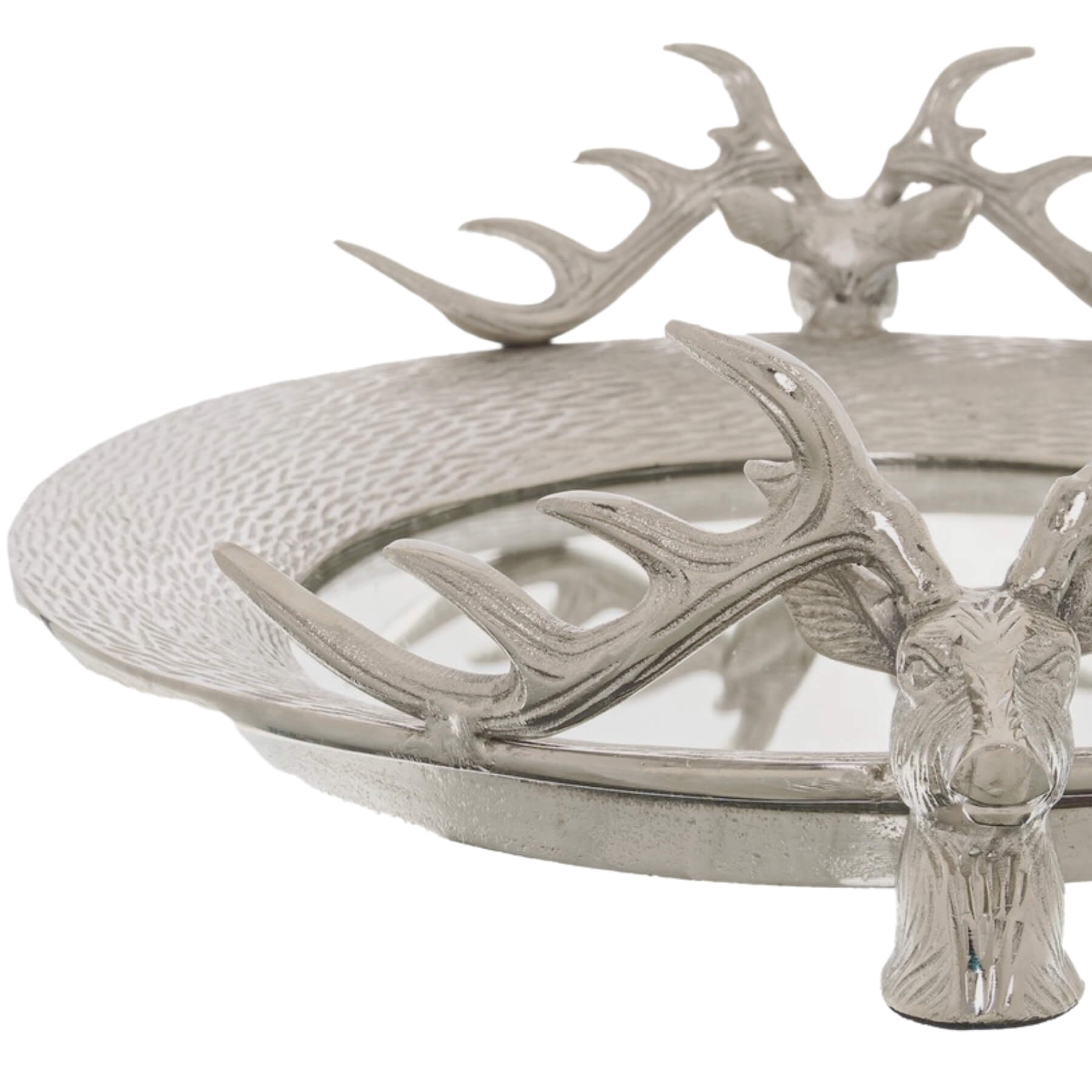 Silver stag head mirrored tray with ornate handles for coffee table or vanity decor by Sostter at brixbailey.com