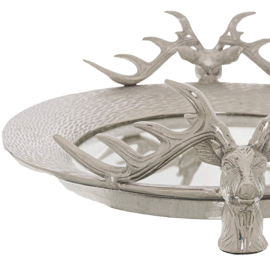 Silver stag head mirrored tray with ornate handles for coffee table or vanity decor by Sostter at brixbailey.com