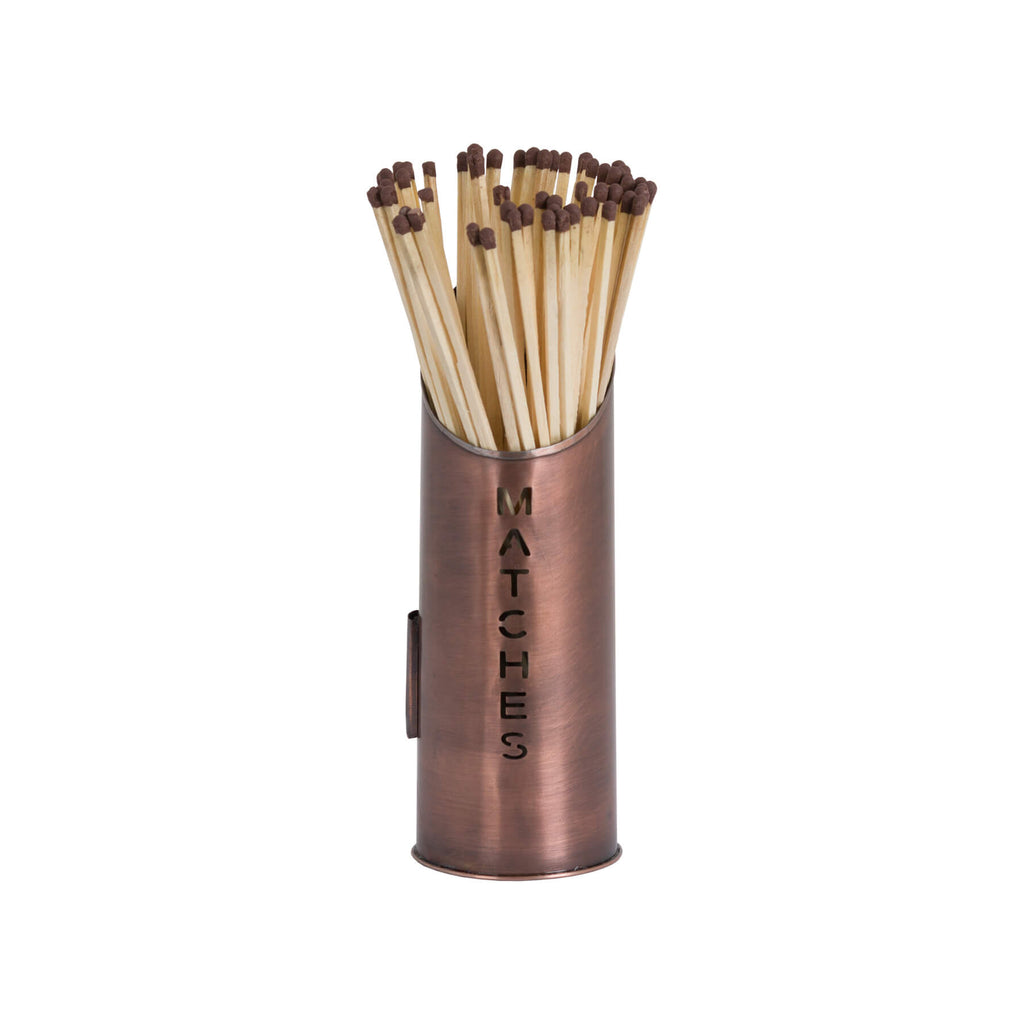 Copper log and kindling bucket set with match holder, rustic metal fireplace storage in elegant warm finish by sostter at brixbailey.com
