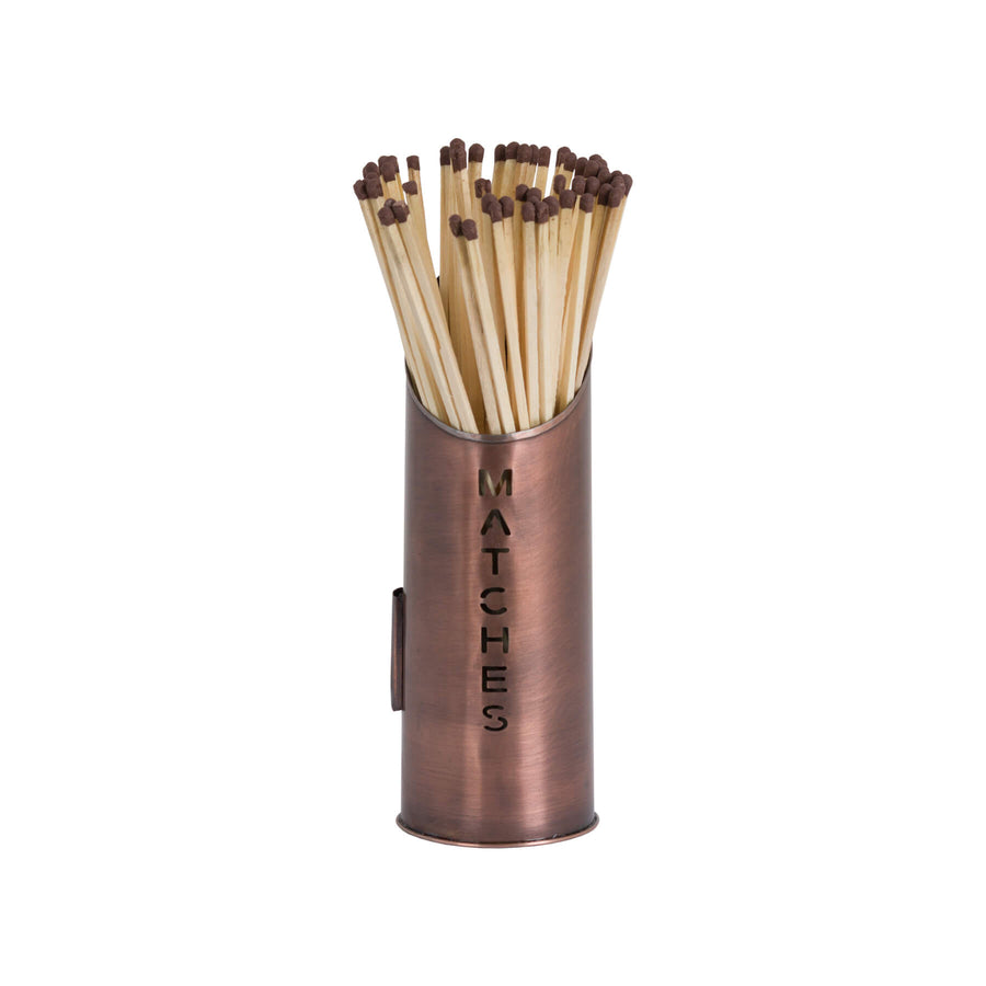 Copper log and kindling bucket set with match holder, rustic metal fireplace storage in elegant warm finish by Sostter at brixbailey.com