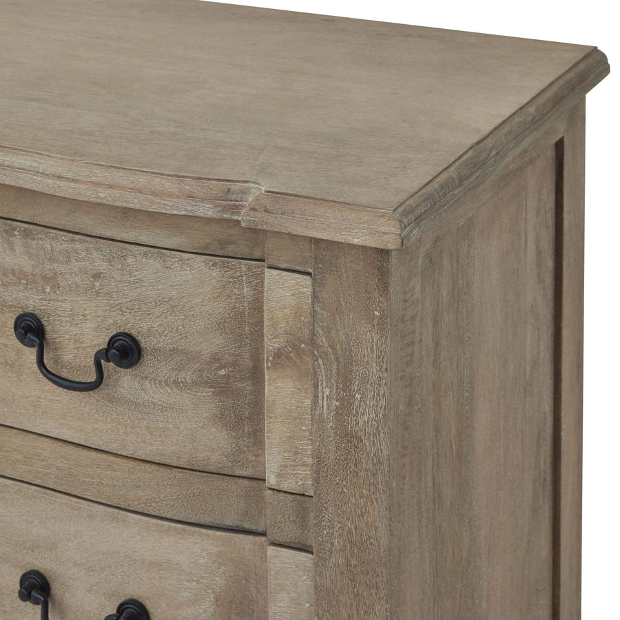 French provincial bleached wood chest with black iron handles, three spacious drawers, and modern farmhouse style by Sostter at brixbailey.com