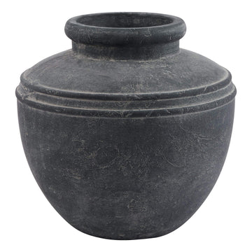 Handcrafted weathered grey ceramic water pot with ribbed detailing, Mediterranean-inspired home decor accent by Hill Interiors at brixbailey.com