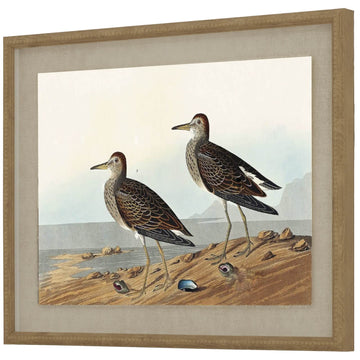 Handcrafted sandpiper artwork with glass beads on natural linen, earthy brown tones, 50x40cm contemporary wildlife wall decor by Sostter at brixbailey.com