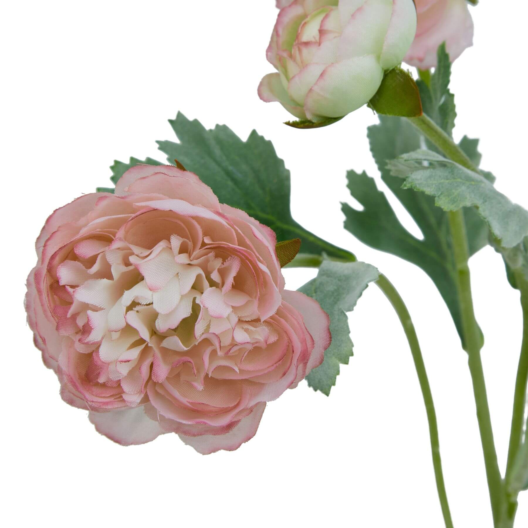 Lifelike pink ranunculus artificial flower stem with green foliage, perfect for home decor and floral arrangements by Sostter at brixbailey.com
