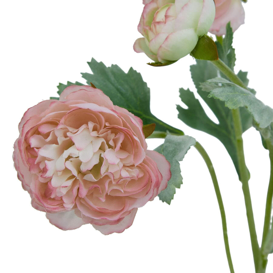 Lifelike pink ranunculus artificial flower stem with green foliage, perfect for home decor and floral arrangements by Sostter at brixbailey.com