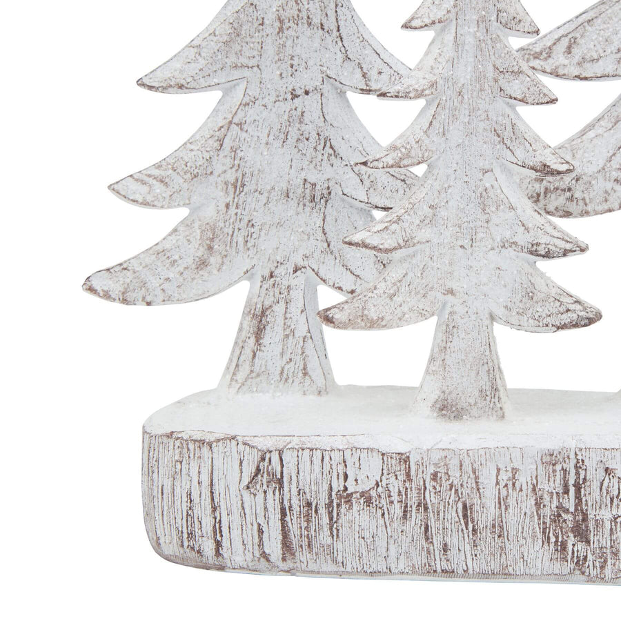 Handcrafted white resin winter pine tree sculpture set with snow-dusted branches, perfect for holiday decor. by Sostter at brixbailey.com