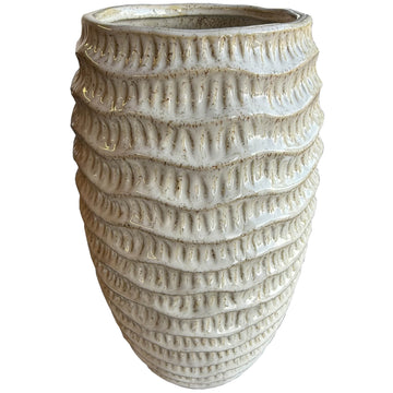 Tall white ceramic Pallida vase with vertical ridges, elegant centerpiece for modern or classic decor by Sostter at brixbailey.com
