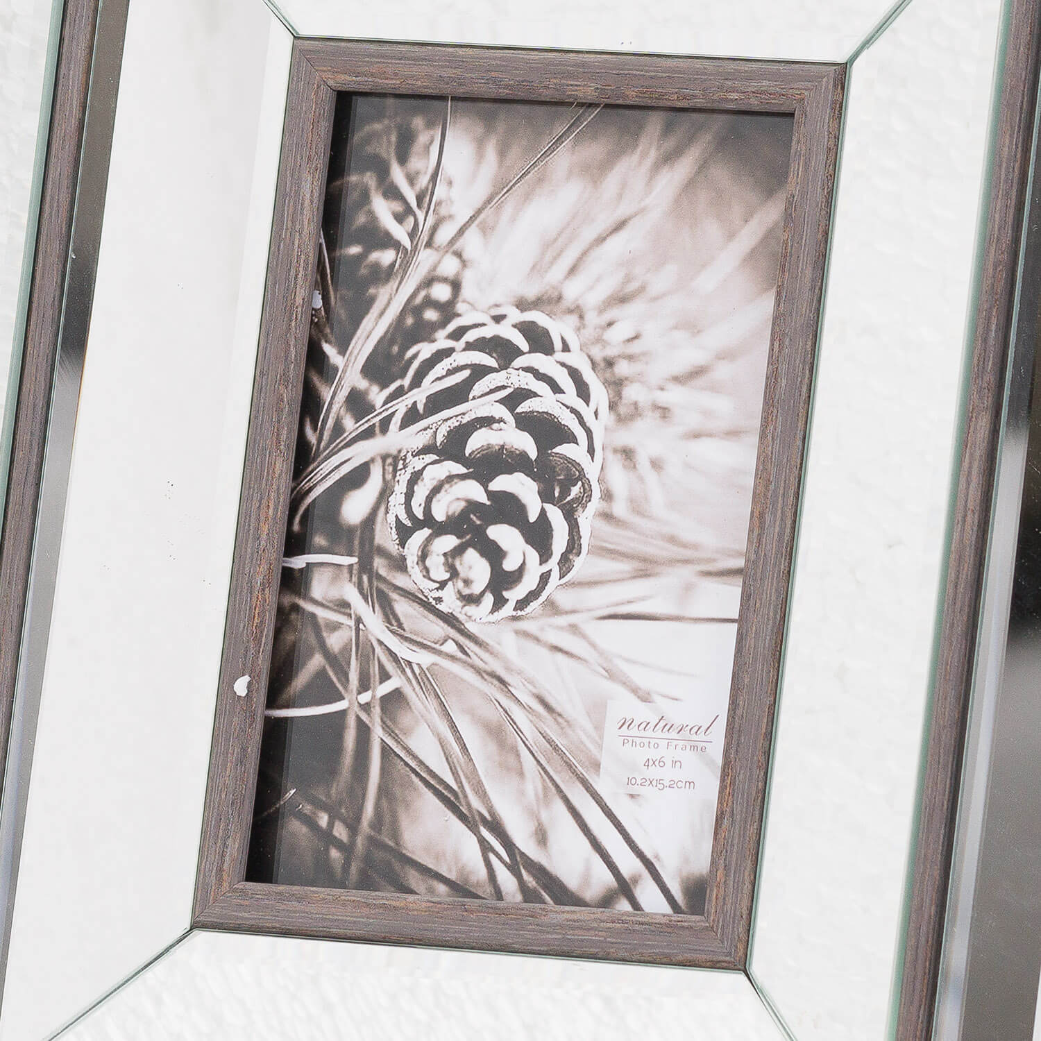 Wood and beveled mirror photo frame in rich brown with silver accents, 29x24cm, rustic-modern wall or tabletop display by Sostter at brixbailey.com