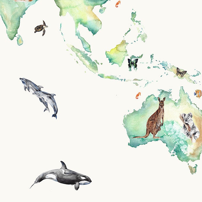Hand-painted wildlife world map print for children