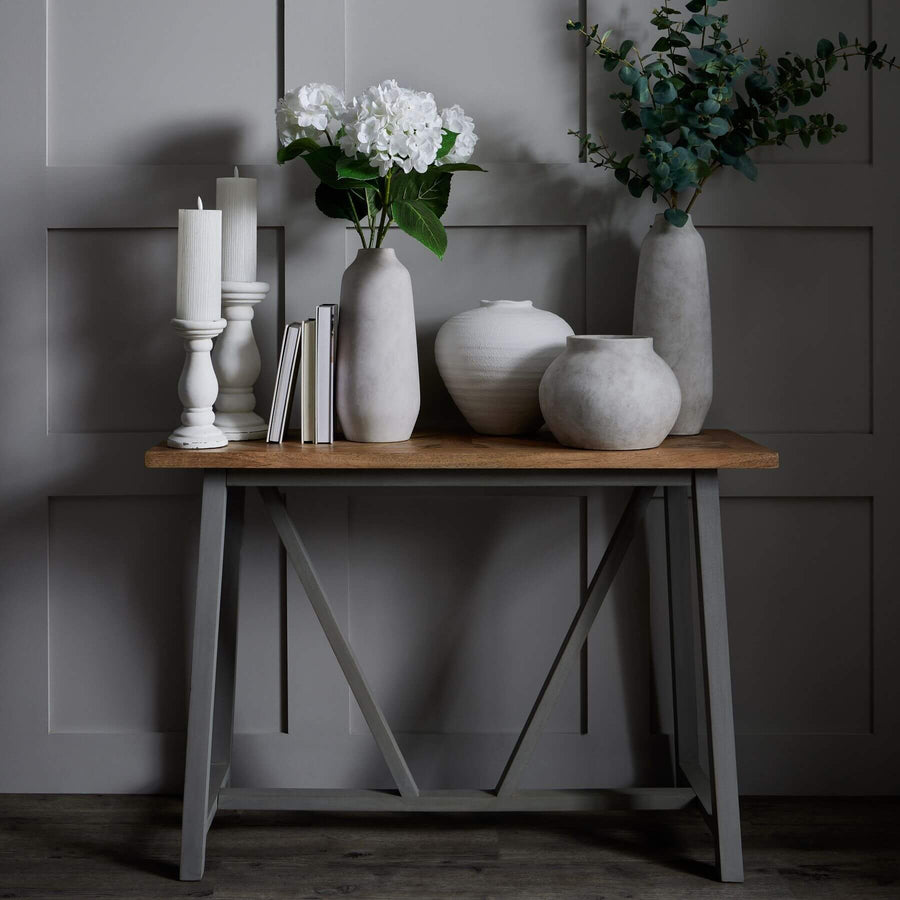 Handcrafted stone-colored ceramic planter with textured surface, 20cm height, part of Darcy collection for home decor. by Sostter at brixbailey.com