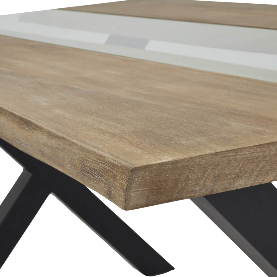 Live edge acacia dining table with natural grain, light finish, and black metal accents, organic modern design. by Sostter at brixbailey.com