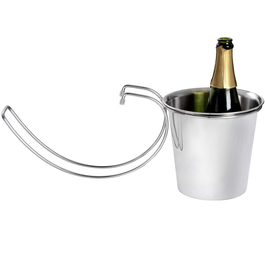 Stainless steel hanging champagne bucket with polished silver finish, mounted on table edge for space-saving elegance by Sostter at brixbailey.com