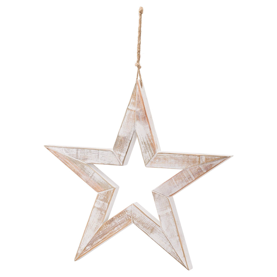 Handcrafted 50-inch wooden star decor with antique white finish and sparkling accents, perfect for wall or table display. by Sostter at brixbailey.com