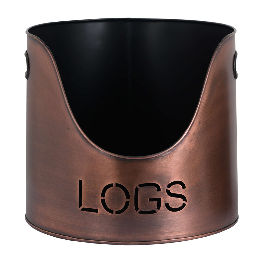 Copper log and kindling bucket set with match holder, rustic metal fireplace storage in elegant warm finish. by Sostter at brixbailey.com
