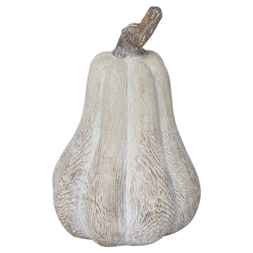 Handcrafted resin pumpkin with wood-effect finish, bronze leaf accents, and wooden stalk for autumn decor. by Hill Interiors at brixbailey.com