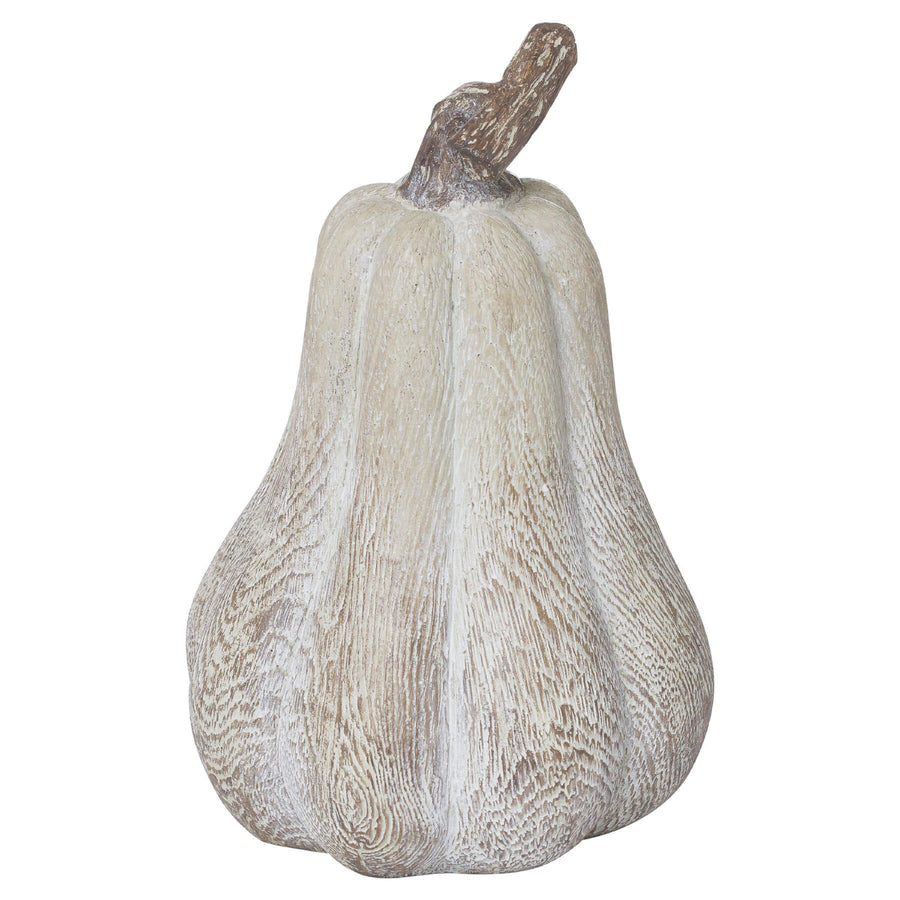 Handcrafted resin pumpkin with wood-effect finish, bronze leaf accents, and wooden stalk for autumn decor. by Sostter at brixbailey.com
