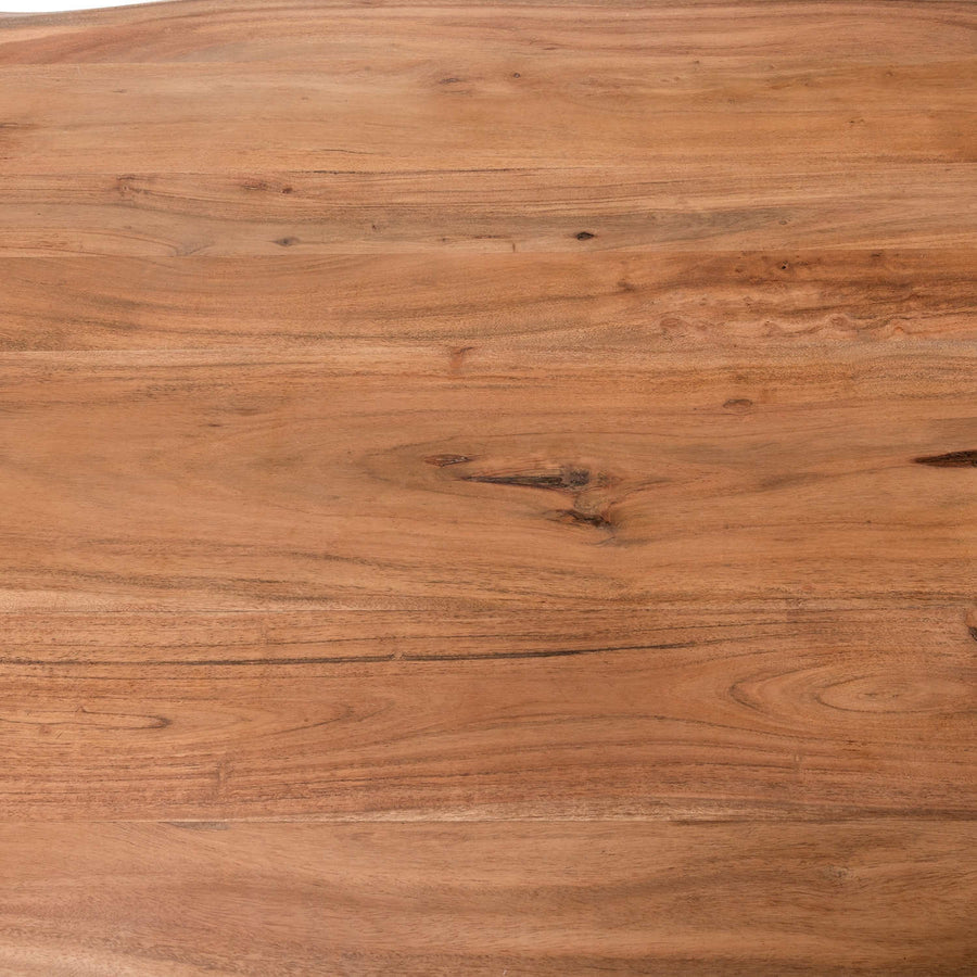 Handcrafted acacia wood live edge dining table with grey metal legs, showcasing natural wood grain in rustic-modern style. by Sostter at brixbailey.com