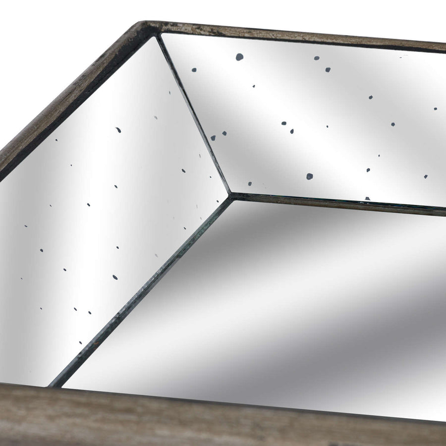 Antique gold mirrored tray with distressed glass and wooden accents, vintage home decor centerpiece by Sostter at brixbailey.com