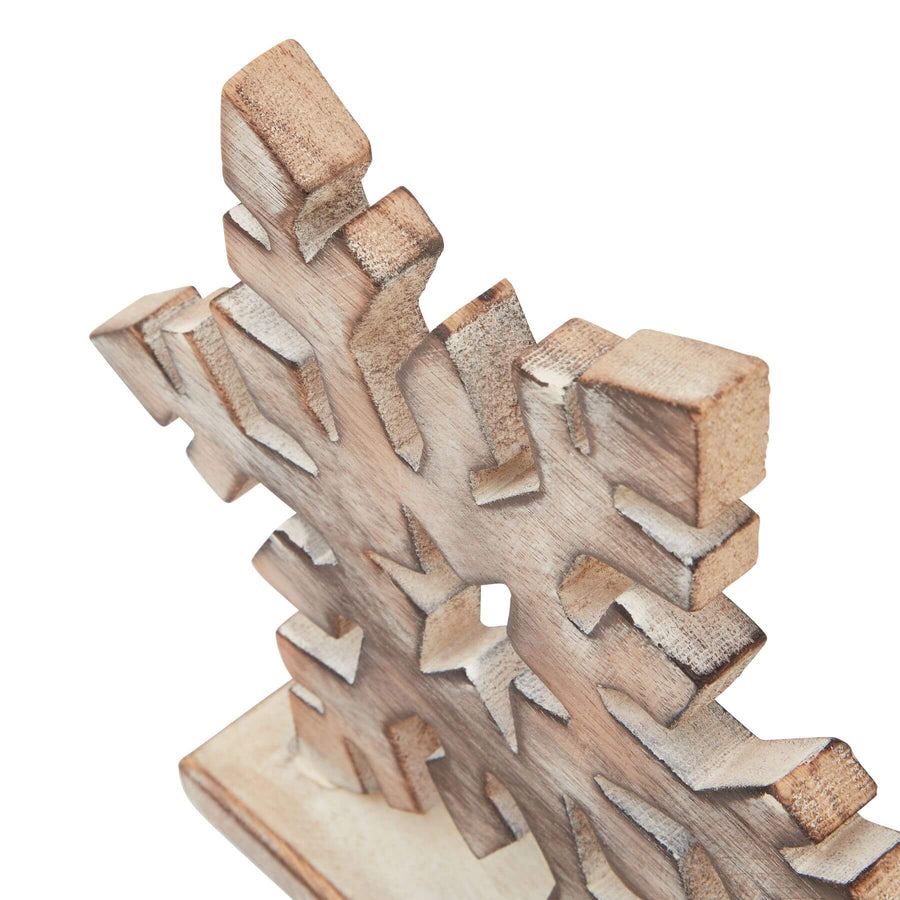 Whitewashed wooden snowflake decoration with intricate Nordic laser-cut design, perfect for winter and rustic home decor by Sostter at brixbailey.com