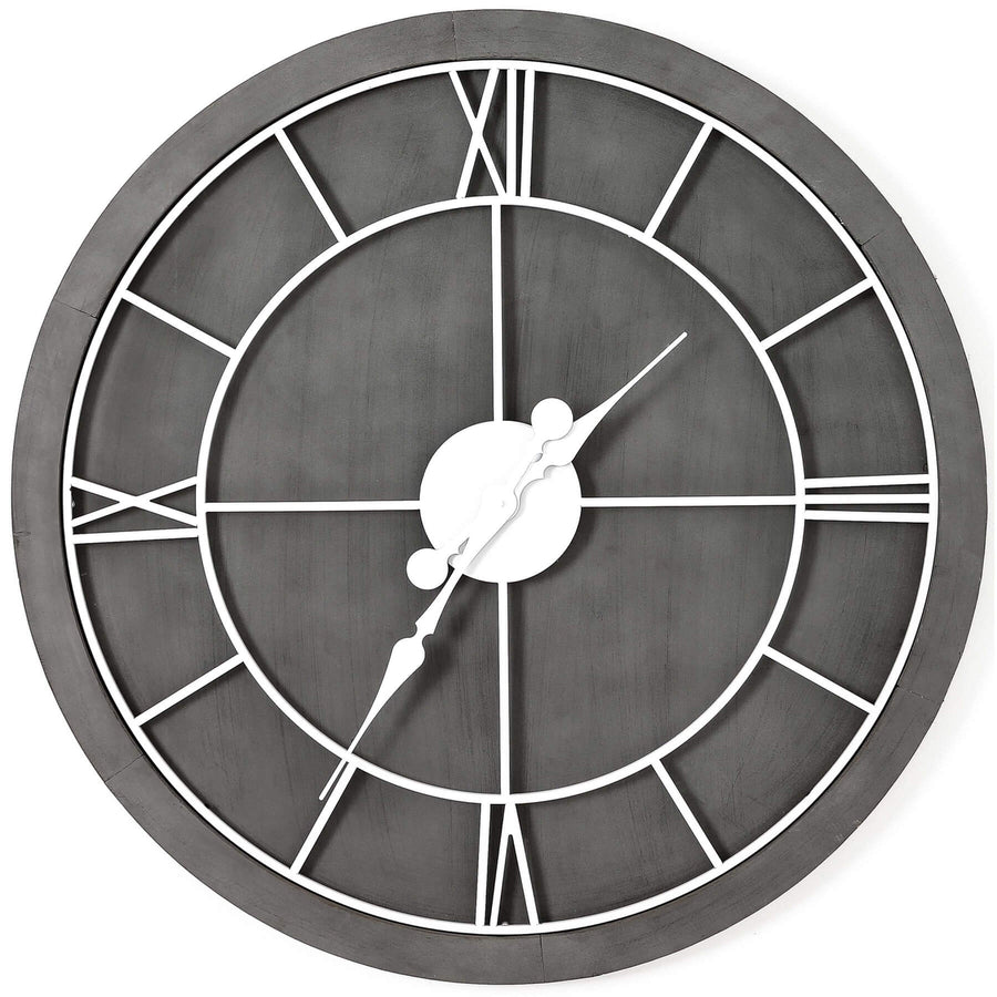 Williston Grey Wall Clock with Roman numerals on grey wood frame, 60cm diameter, silent quartz movement by Sostter at brixbailey.com