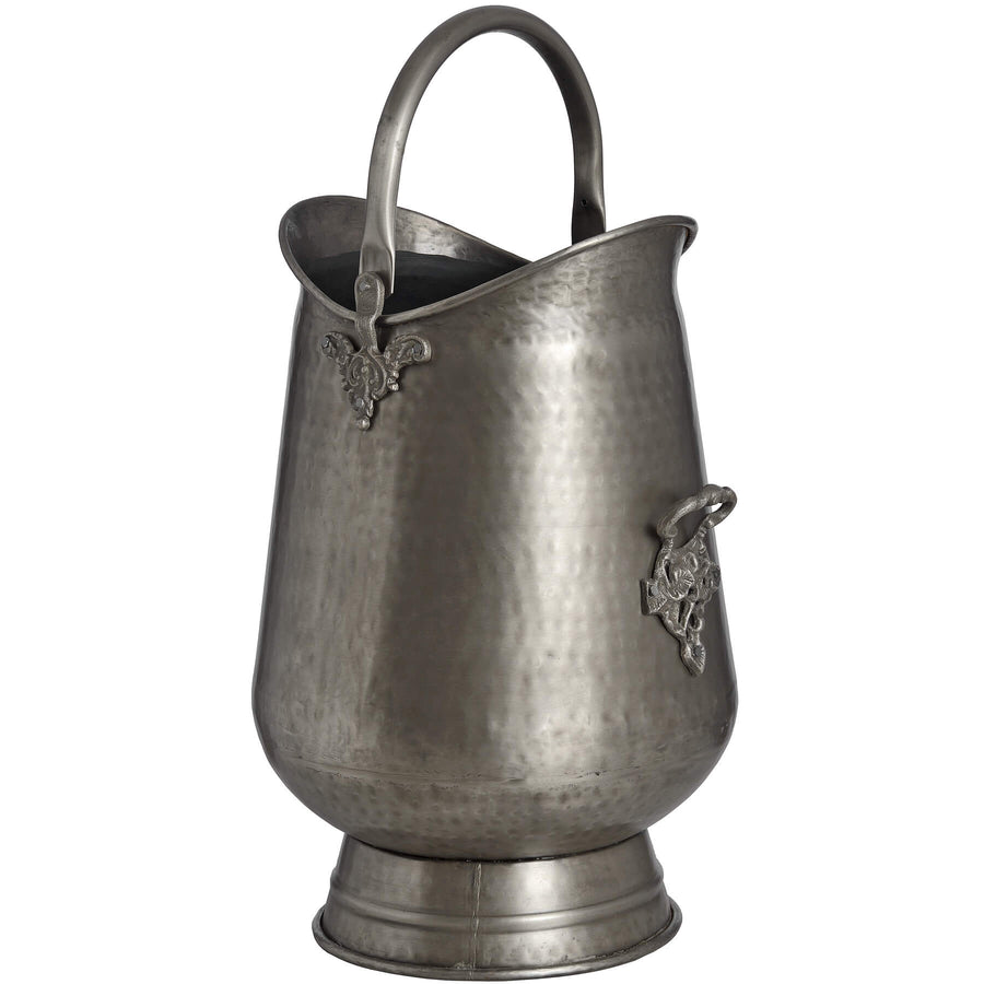 Antique pewter coal bucket with gunmetal finish, intricate leaf motifs, perfect as firewood holder or decorative planter by Sostter at brixbailey.com