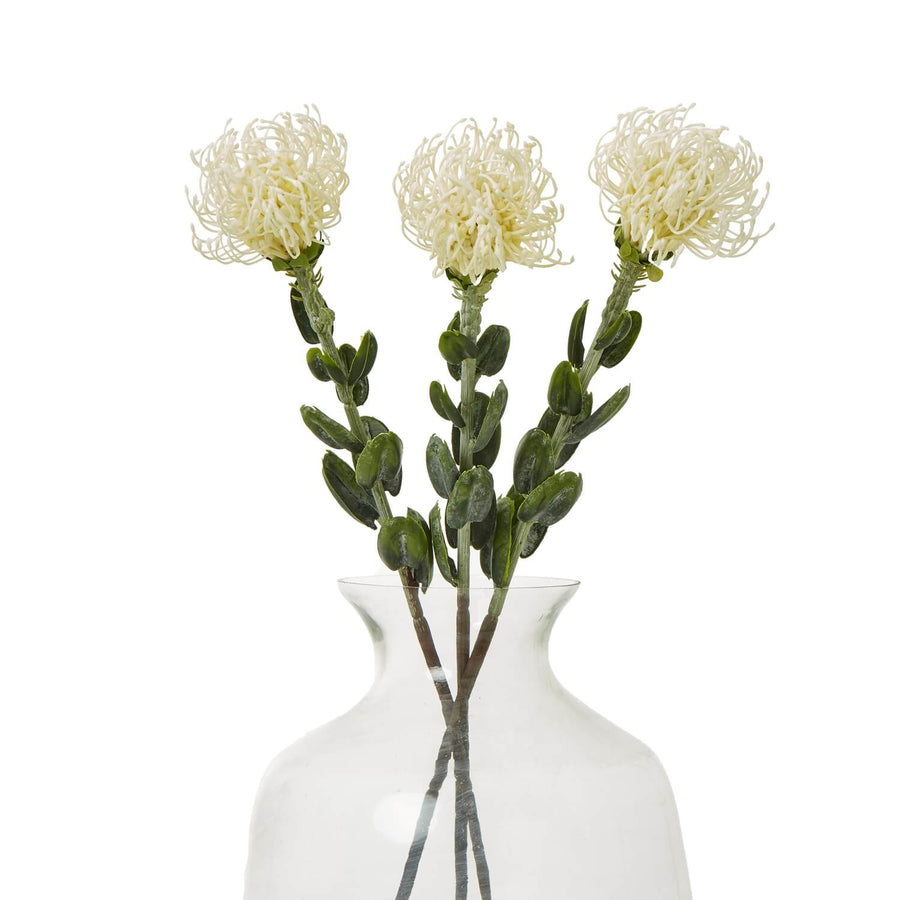 Cream pincushion protea spray, lifelike artificial flower with foliage accents, 61cm tall for home decor by Sostter at brixbailey.com