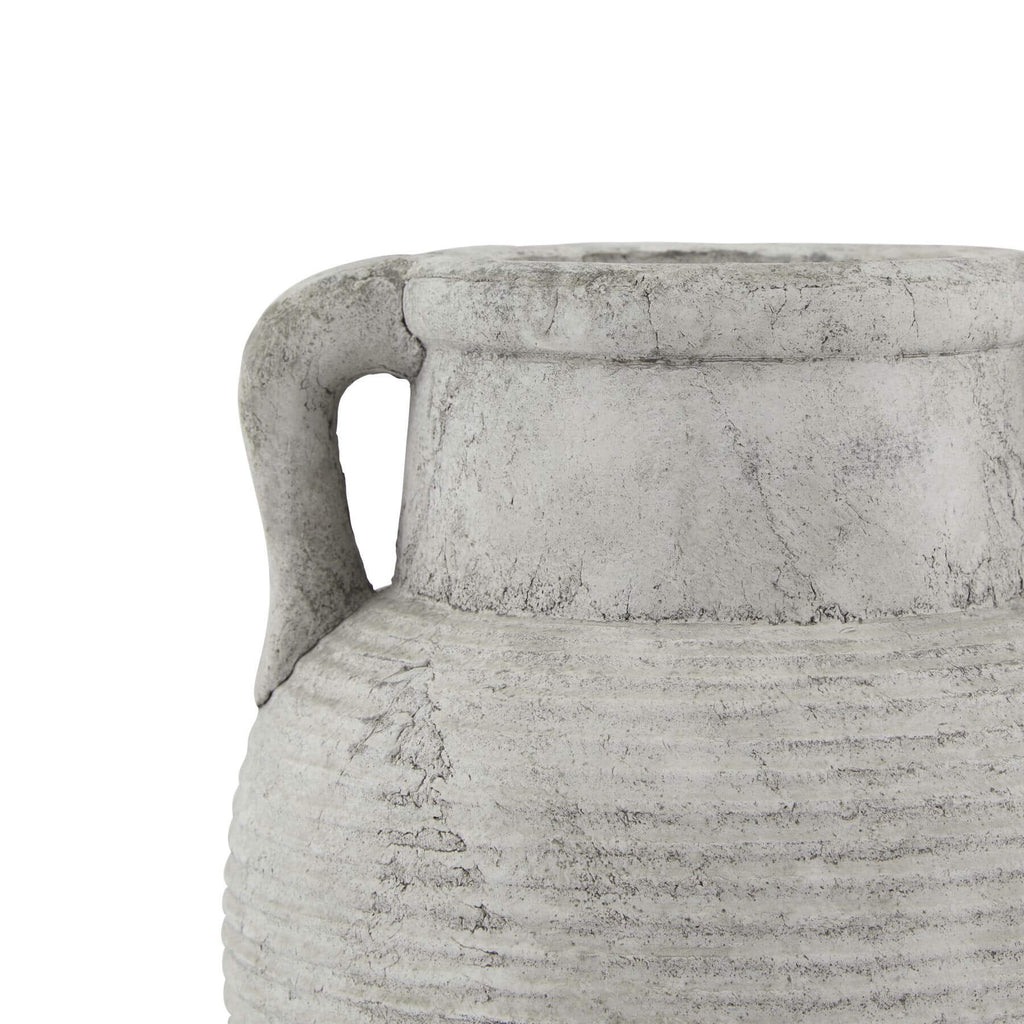Handcrafted Athena stone amphora pot in weathered grey ceramic with ribbed texture, 27cm tall, Mediterranean decor. by Sostter at brixbailey.com
