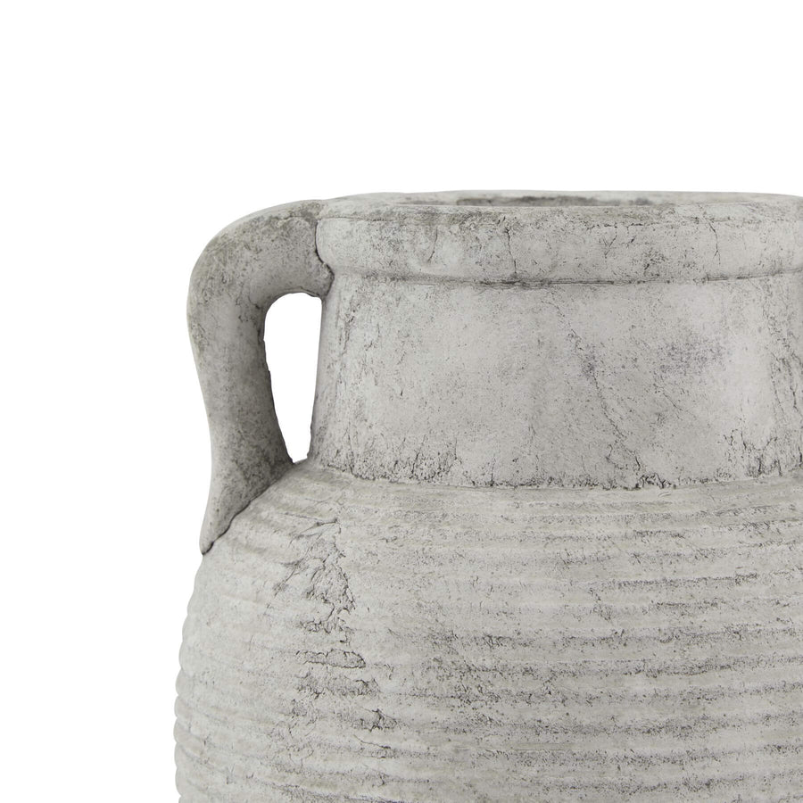 Handcrafted Athena stone amphora pot in weathered grey ceramic with ribbed texture, 27cm tall, Mediterranean decor. by Sostter at brixbailey.com