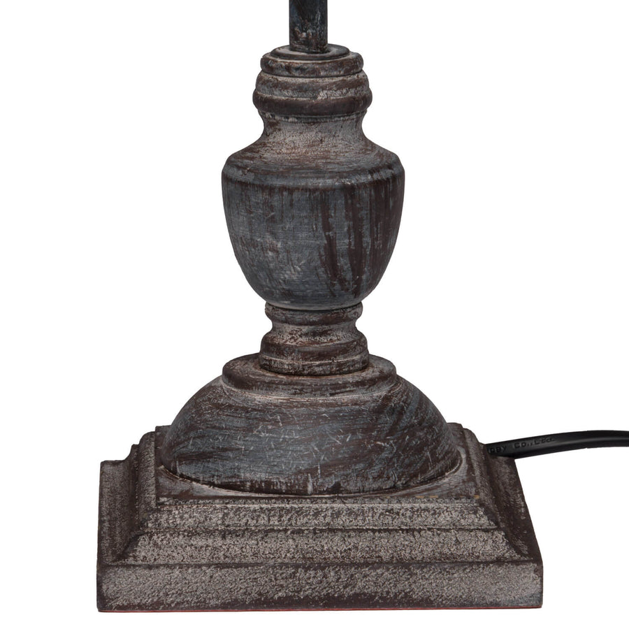 Grey-washed wood Incia table lamp with natural linen shade, warm brown metal base, artisan-crafted ambient lighting by Sostter at brixbailey.com