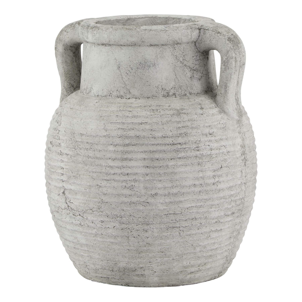 Weathered grey ceramic Athena amphora pot, handcrafted Greek-style decorative vase with ribbed texture, 27cm tall. by Sostter at brixbailey.com