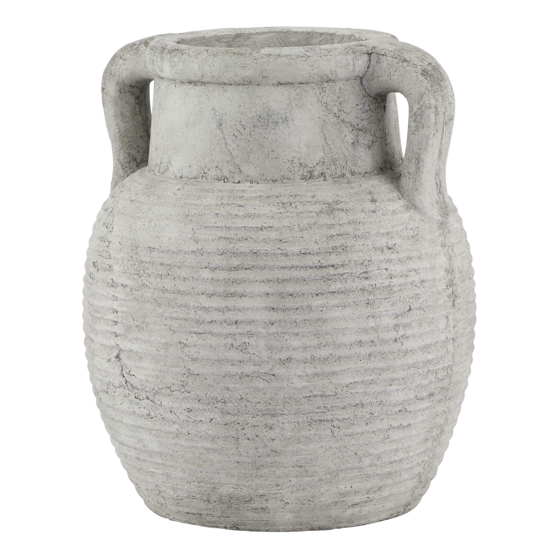 Weathered grey ceramic Athena amphora pot, handcrafted Greek-style decorative vase with ribbed texture, 27cm tall. by Sostter at brixbailey.com