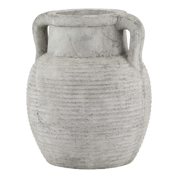 Weathered grey ceramic Athena amphora pot, handcrafted Greek-style decorative vase with ribbed texture, 27cm tall. by Sostter at brixbailey.com