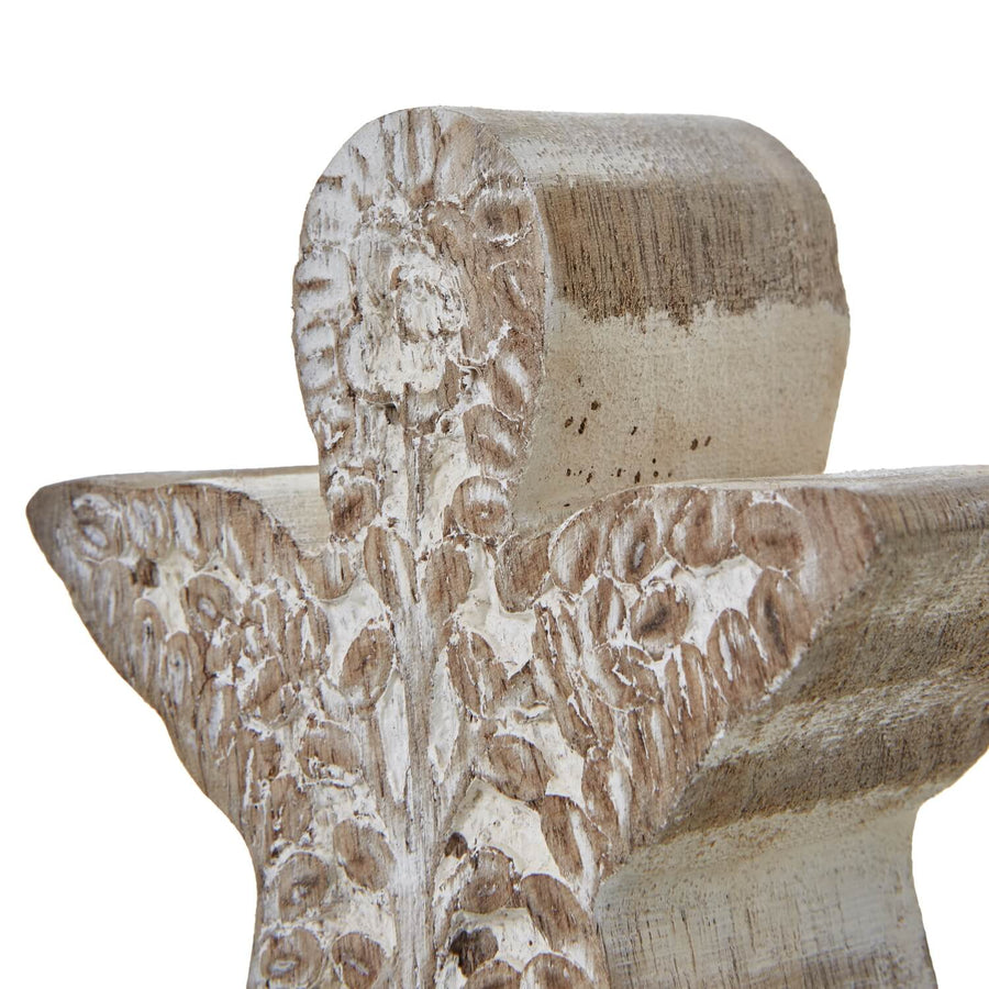 Handcrafted whitewashed wood angel ornament, rustic farmhouse decor with intricate detailing, 10cm height. by Sostter at brixbailey.com