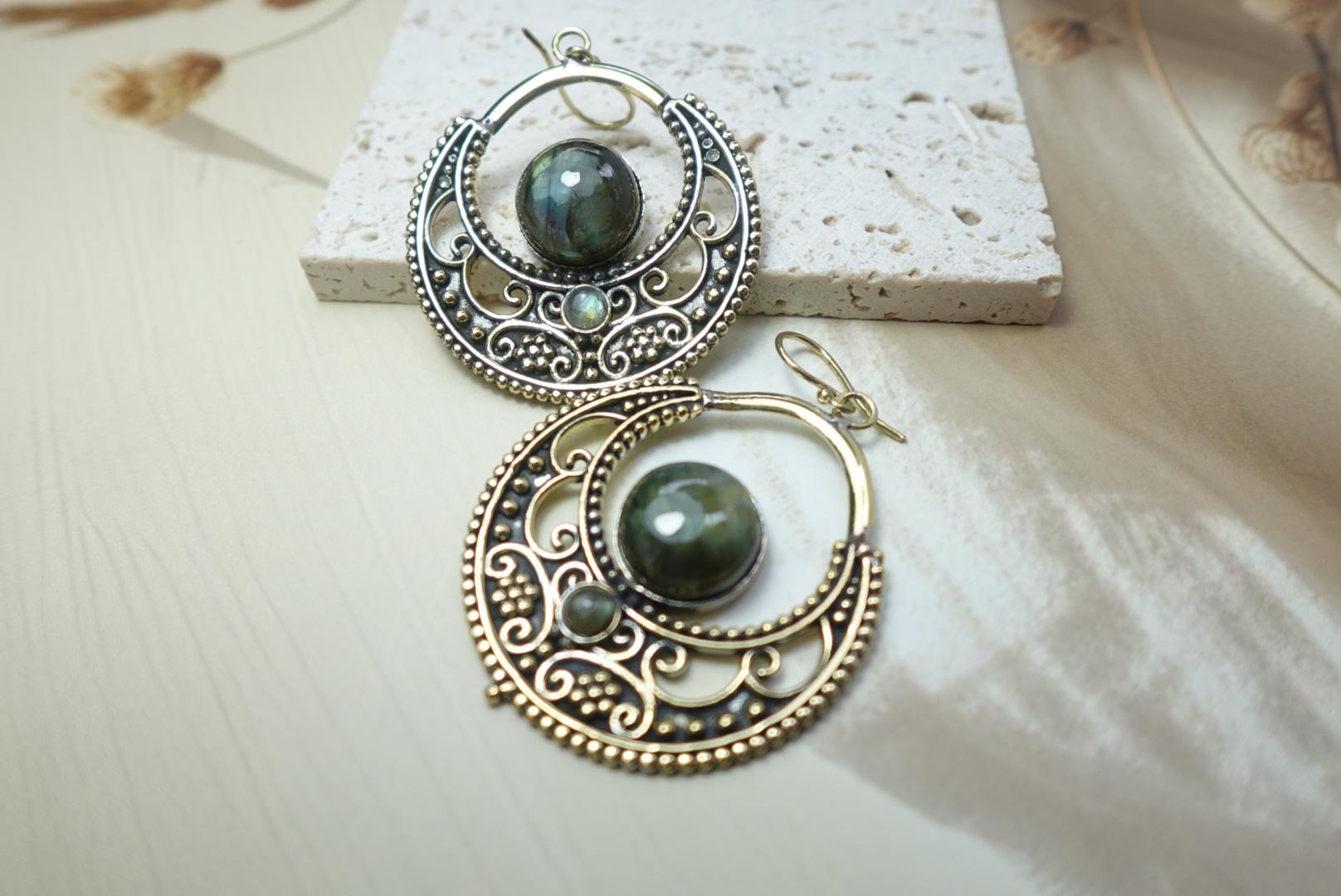 Boho Filigree Crescent Hoop Earrings with Natural Stone Center.
