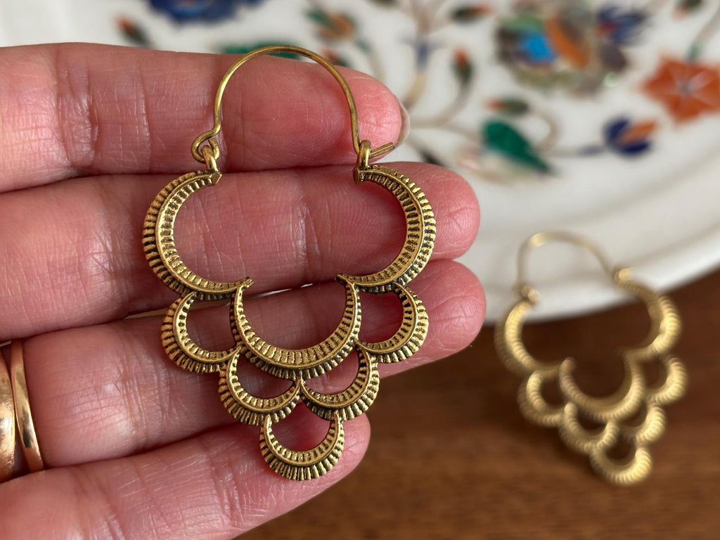 Antique Gold Crescent Layered  Hoops - Boho Earrings