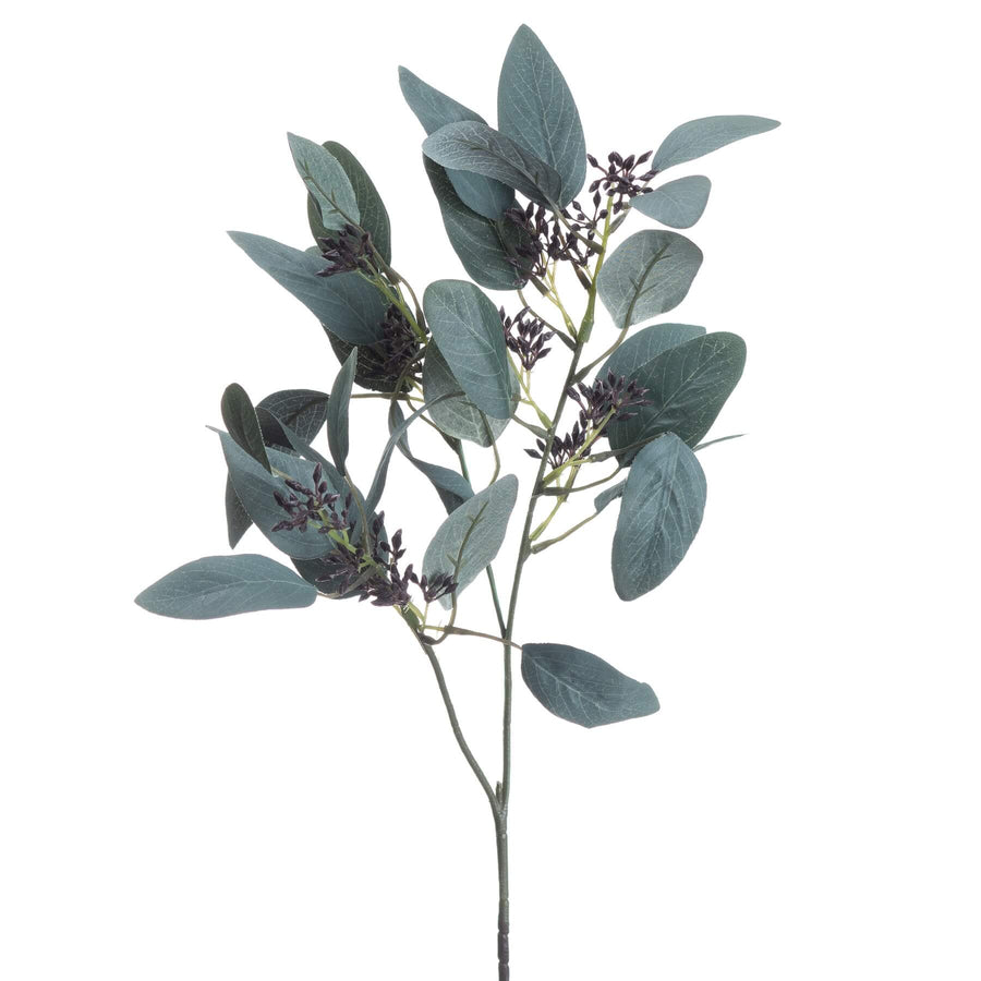 Artificial seeded eucalyptus stem with silvery-green leaves and feathery pods, 85cm tall for home decor arrangements by Sostter at brixbailey.com