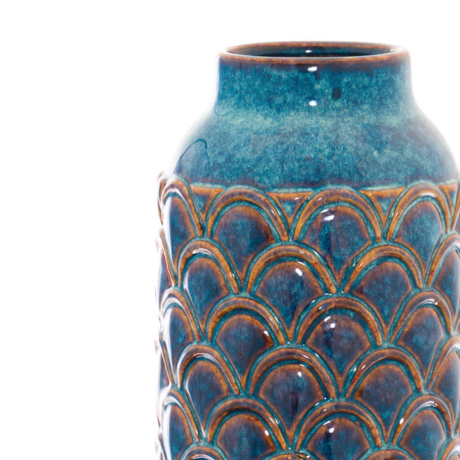 Handcrafted indigo scalloped ceramic vase with elegant detailing, perfect for modern home decor. by Sostter at brixbailey.com