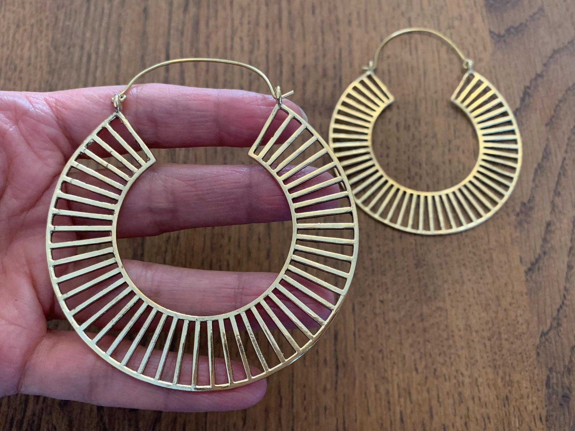 Sundial Line Hoops - Structured Brass Hoop Earrings with Sunray Cut Design.