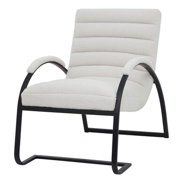 Cream boucle ribbed ark chair with curved black metal frame and channeled upholstery - modern sculptural accent piece by Sostter at brixbailey.com