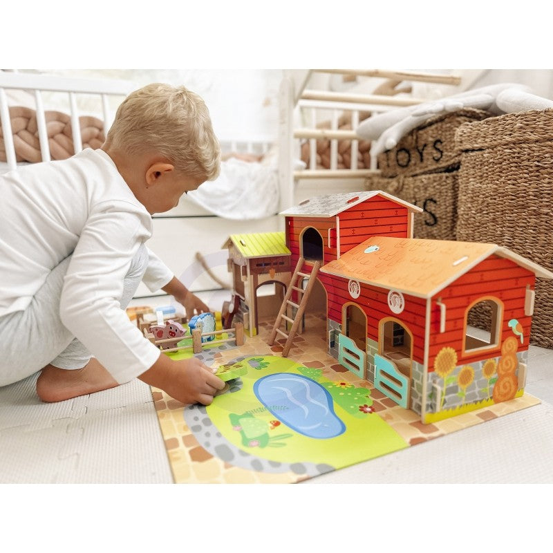 bold overhead shot of the complete 18-piece woopie green mega farm set on a vibrant green background