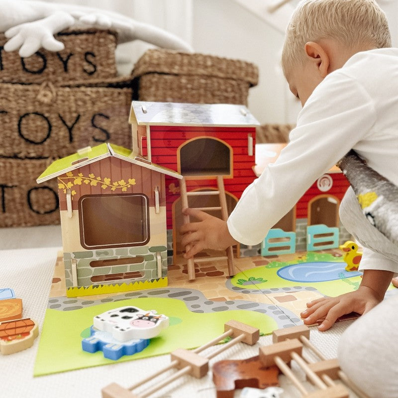 elegant woopie green mega farm set with a wooden barn and horse figurine on a clean white background