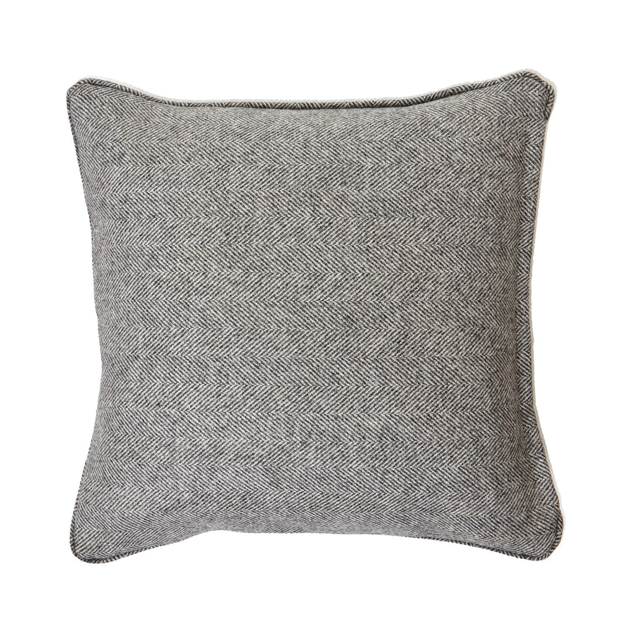 Grey herringbone wool cushion with piped edges, 45cm x 45cm, artisan-crafted for elegant home decor by Sostter at brixbailey.com