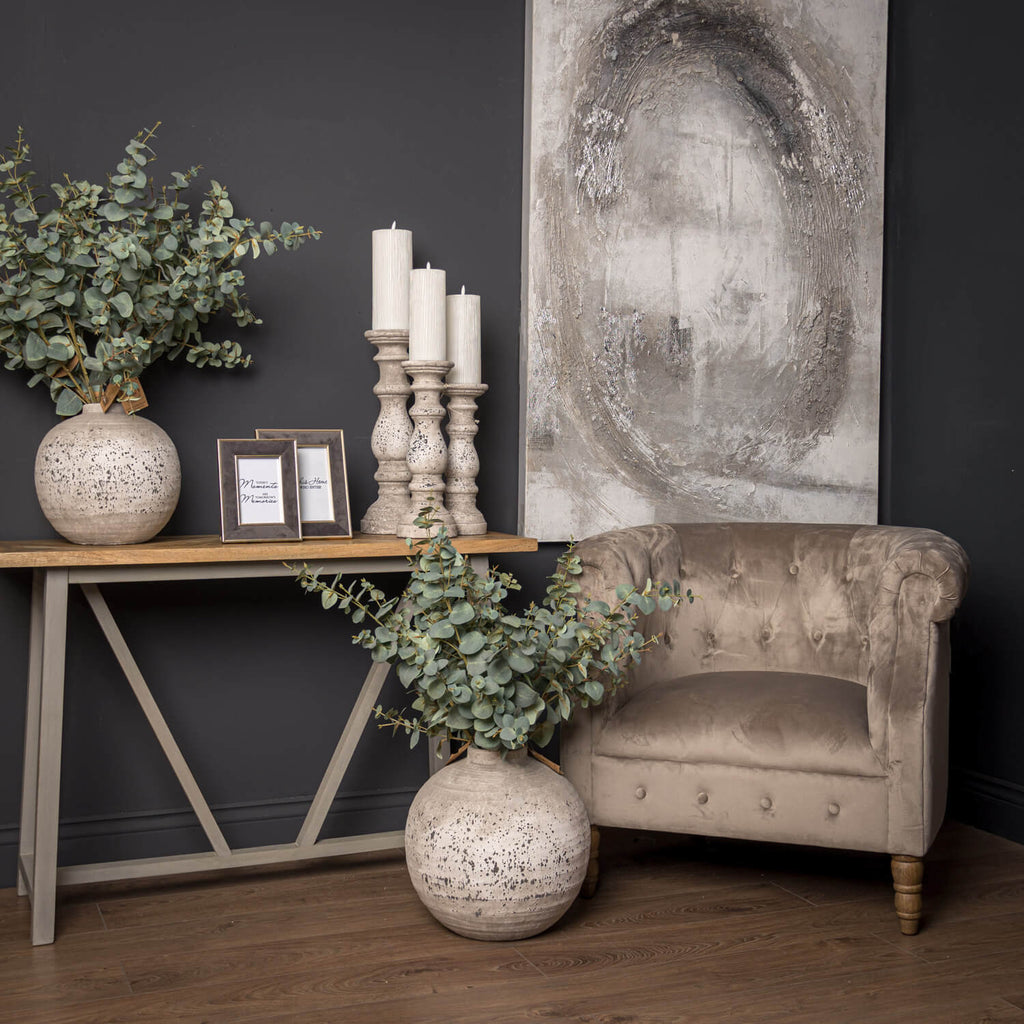 Neutral stone ceramic vase from Tiber series, minimalist design for floral arrangements, 28cm cube shape. by Sostter at brixbailey.com