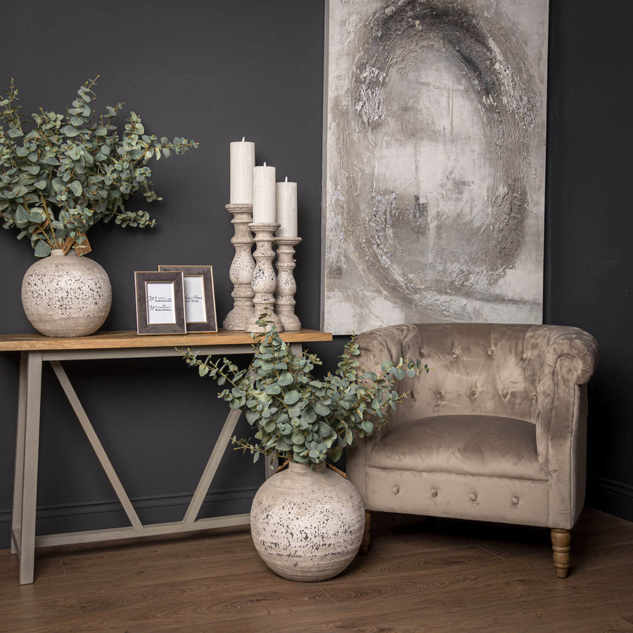 Neutral stone ceramic vase from Tiber series, minimalist design for floral arrangements, 28cm cube shape. by Sostter at brixbailey.com