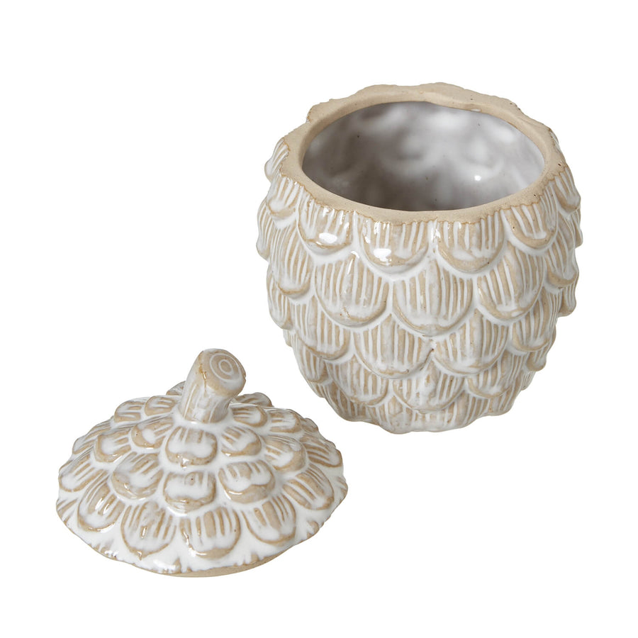 Handcrafted white ceramic pine cone trinket dish with removable lid, perfect for jewelry or decor. by Sostter at brixbailey.com